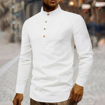 Men’s Casual Linen Blend Shirt – Stand Collar, Half Button Up