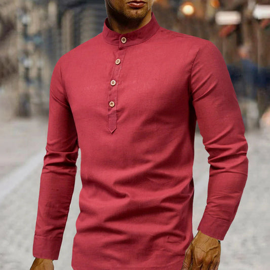 Men’s Casual Linen Blend Shirt – Stand Collar, Half Button Up